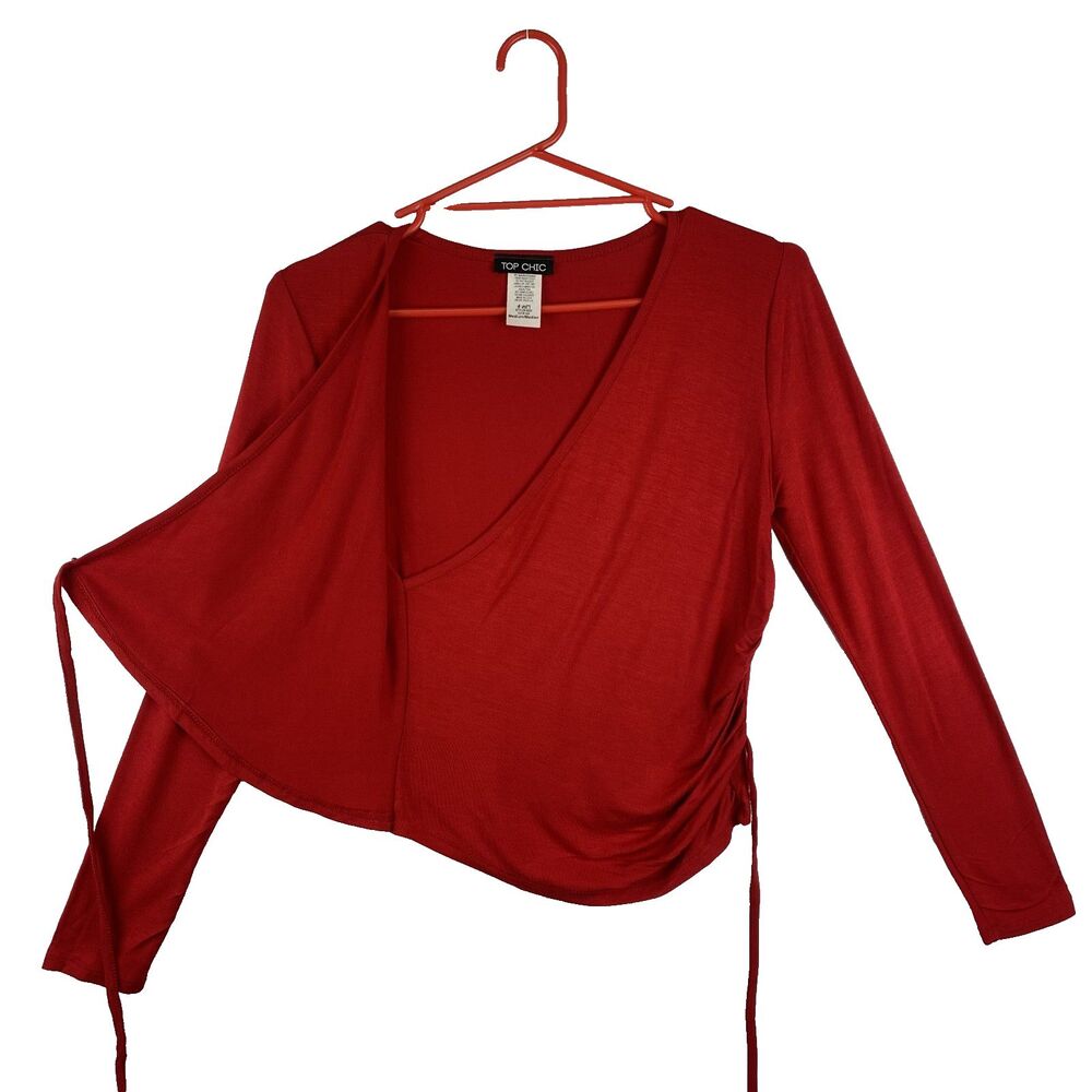 Women’s Red Long Sleeve Wrap Top with Tie Detail Size M - Picture 3 of 7